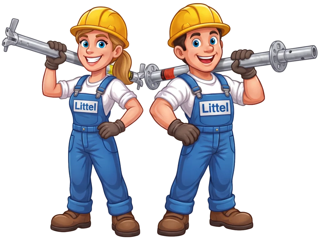 Gerüstbau Littel Scheyern - Maskottchen Zwei Arbeiter in Littel Uniform mit Gerüststangen über der Schulter